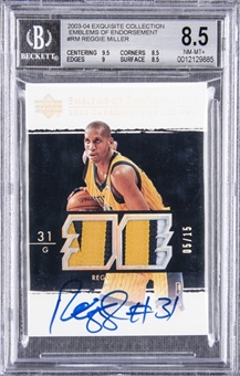 2003-04 UD "Exquisite Collection" Emblems of Endorsement #RM Reggie Miller Signed Card (#05/15) - BGS NM-MT+ 8.5/BGS 10